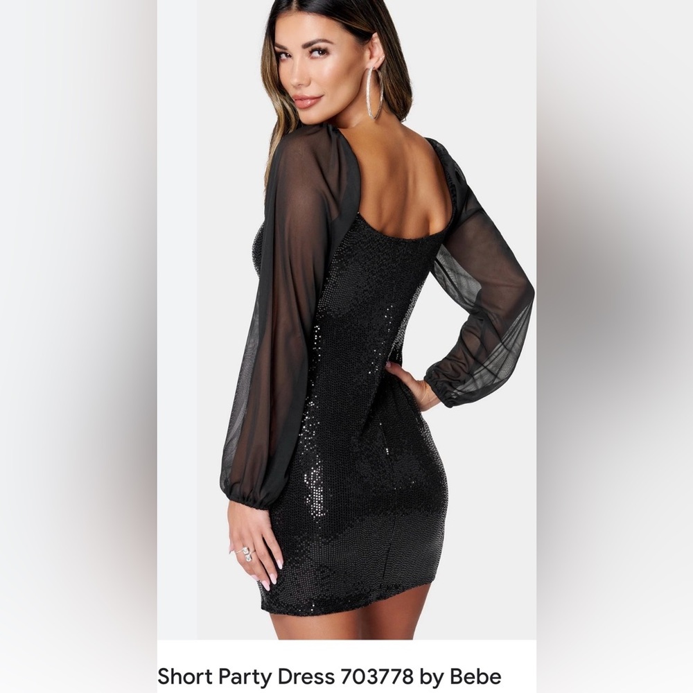 NWT Bebe Black Sequined Mini Party Dress with Sheer Sleeves, Size: Small NWT